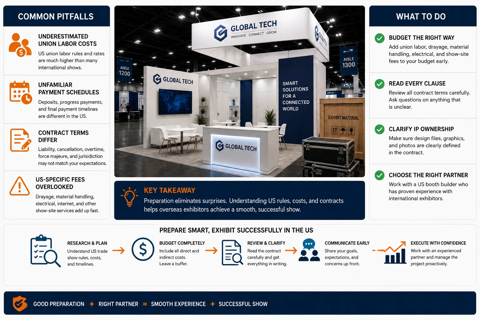 Overseas exhibitors working with US booth builders at a Las Vegas trade show